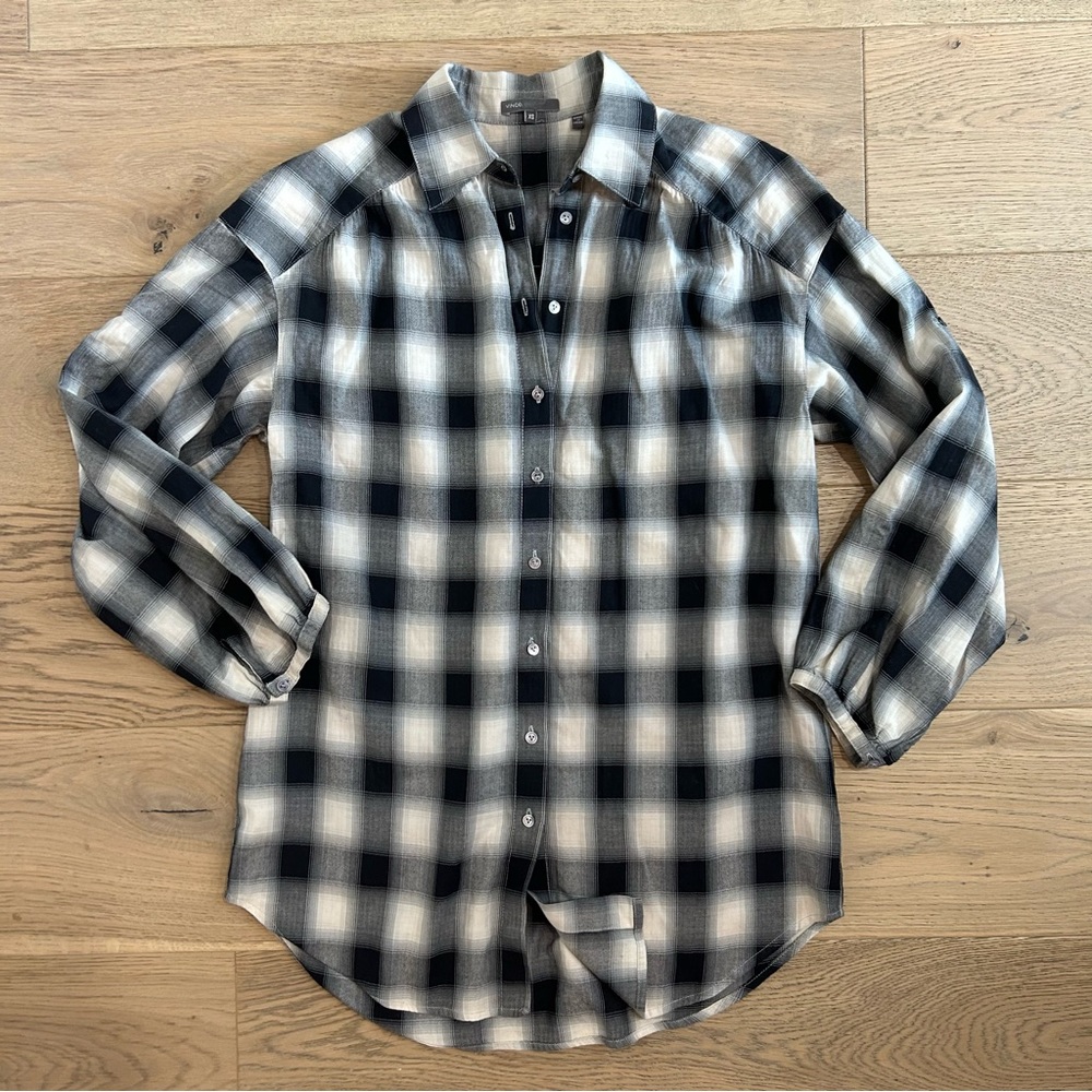 Vince Check Plaid Puff Sleeve Oversized Tunic Blouse